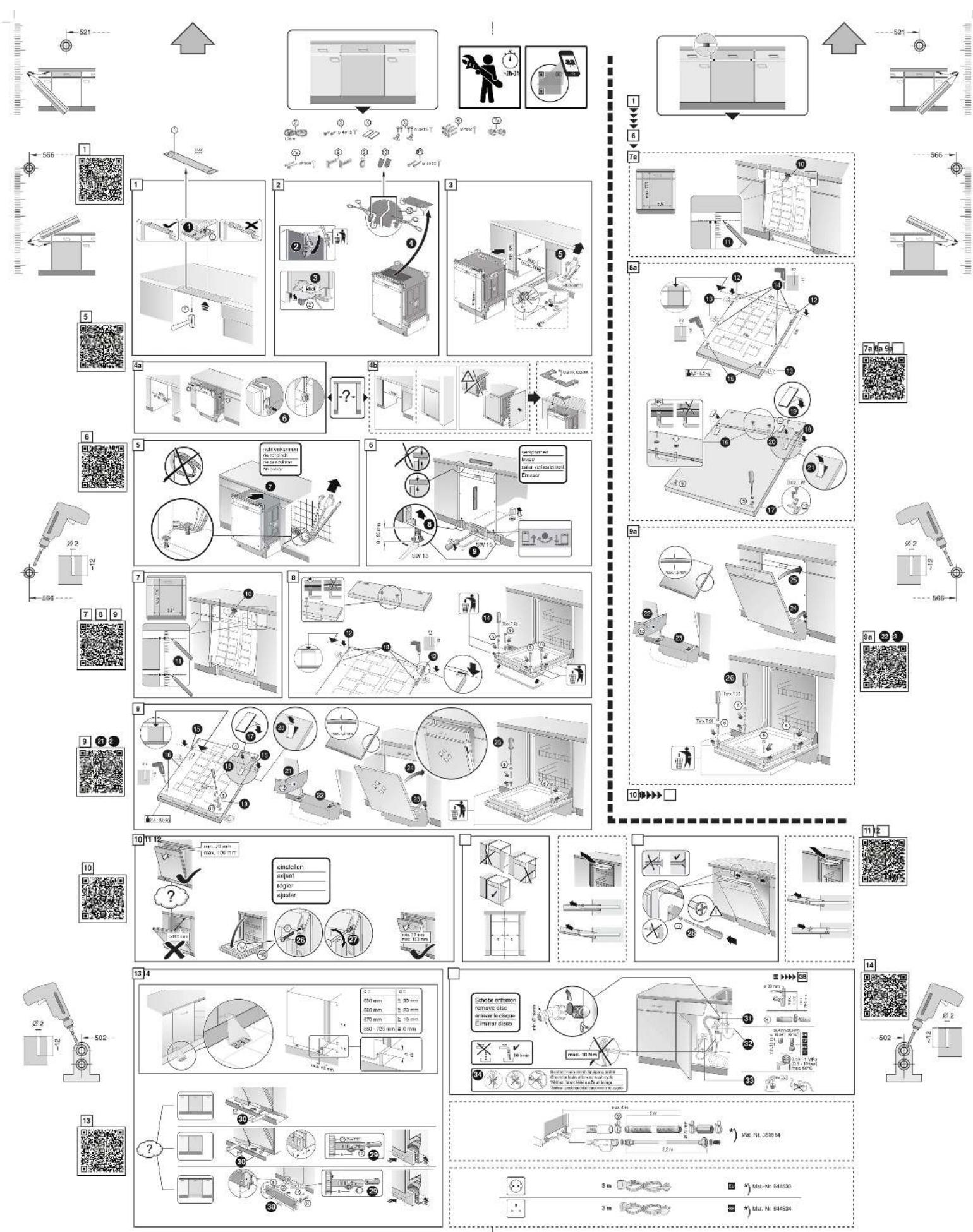 Technical diagram illustrating the assembly of a washing machine with numbered components and QR codes for inspection and maintenance.