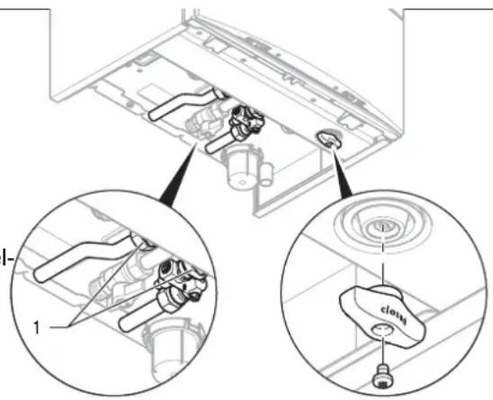 Technical diagram showing mechanical assembly with labeled parts and close-ups of components