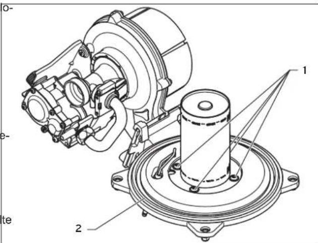 Technical diagram of a mechanical assembly with labeled parts 1 and 2, showing internal components and connections.