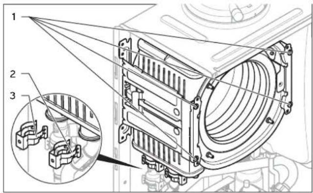 Technical diagram of a mechanical assembly with numbered components and an inset showing a close-up detail of a component.