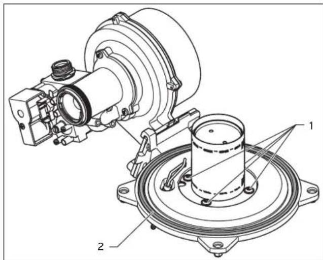Technical diagram of a mechanical assembly with labeled parts 1 and 2