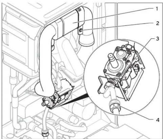Technical diagram of a mechanical assembly with numbered components and an inset close-up view of the internal structure.