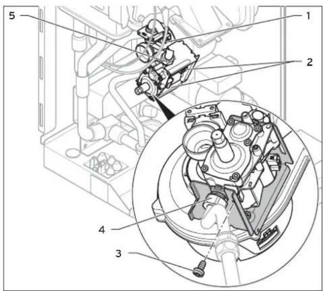 Technical diagram of a mechanical assembly with numbered components and an inset close-up view of the internal components.