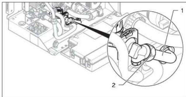 Technical diagram showing mechanical assembly with labeled parts 1 and 2, including a magnified inset view of the component.
