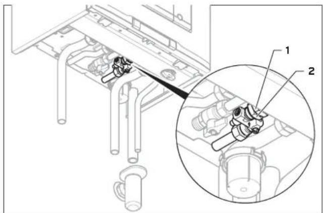 Technical diagram showing mechanical assembly with labeled parts and a magnified inset view of internal components