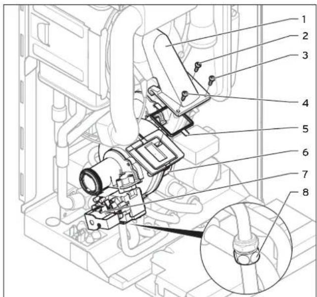 Technical diagram of a mechanical assembly with numbered components, including a magnified inset showing a pipe fitting detail.