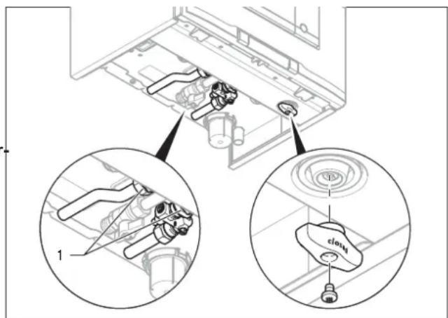 Technical diagram showing mechanical assembly with labeled parts and zoomed-in insets for component identification