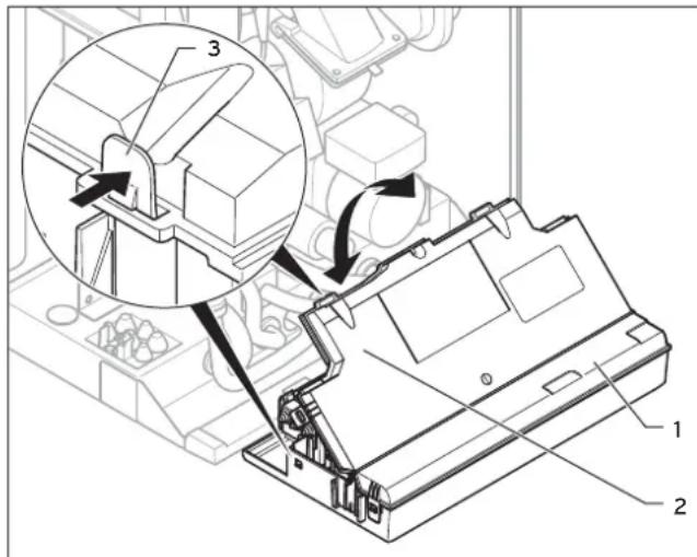 Technical diagram showing a mechanical assembly with labeled parts and an inset magnified view of a component being inserted.