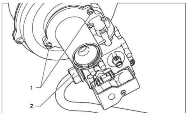 Technical diagram of a mechanical device with numbered components labeled 1 and 2