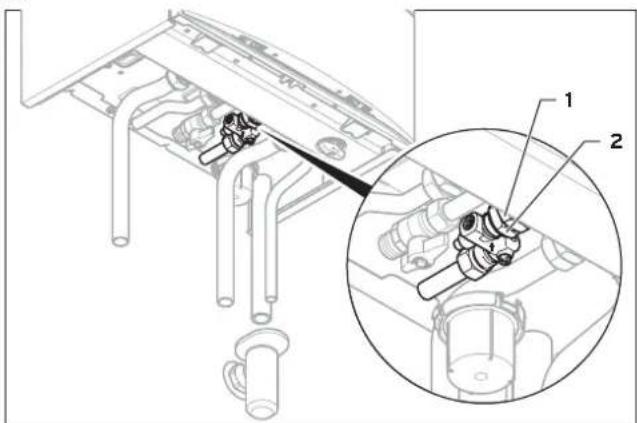 Technical diagram of a mechanical assembly with labeled parts and an inset view showing internal components