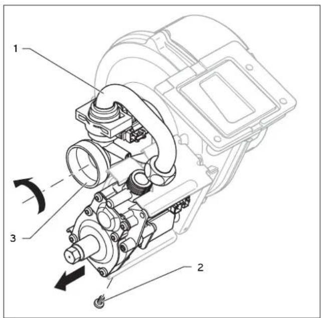 Technical diagram of a mechanical assembly with numbered components and directional arrows indicating motion or flow.