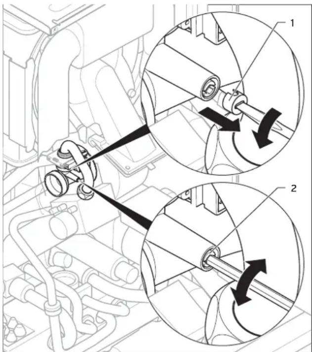 Technical diagram showing mechanical assembly with labeled parts and directional arrows indicating motion or force directions.