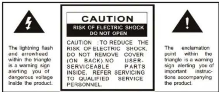 CAUTION RISK OF ELECTRIC SHOCK DO NOT OPEN CAUTION : TO REDUCE THE RISK OF ELECTRIC SHOCK, DO NOT REMOVE COVER (ON BACK).NO USER- SERVICEABLE PARTS INSIDE. REFER SERVICING TO QUALIFIED SERVICE PERSONNEL. The lightning flash and arrowhead within the triangle is a warning sign alerting you of dangerous voltage inside the product. The exclamation point within the triangle is a warning sign alerting you of important instruc- tions accompanying the product.