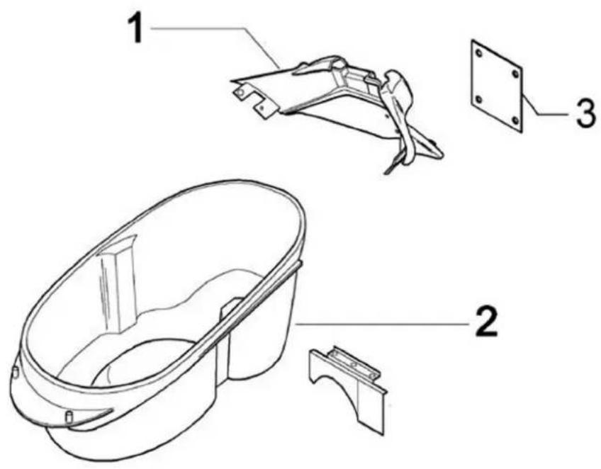 Technical diagram of a mechanical component with labeled parts including a basin, frame plate, and housing.