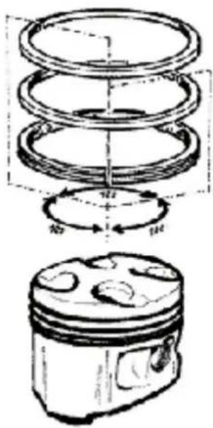 Technical diagram of an internal combustion engine cylinder with piston and piston cross-sections, annotated with dimension labels.