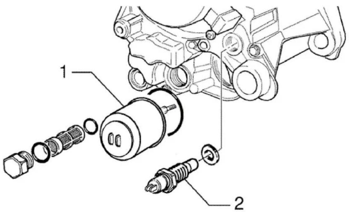 Technical diagram of a mechanical assembly with labeled parts 1 and 2, showing exploded view of components like screw spool and valve.