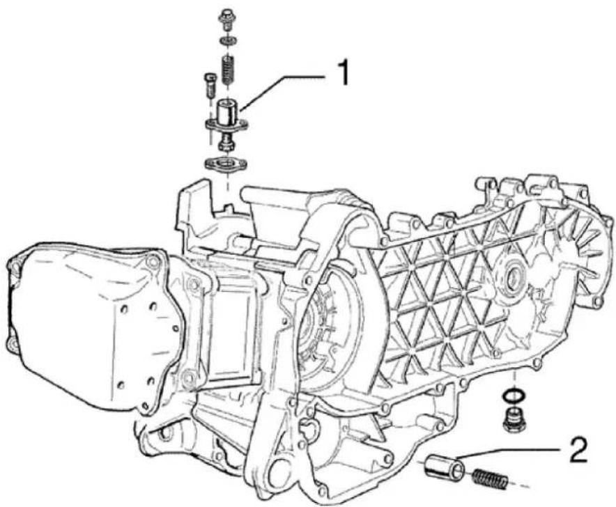 Technical diagram of a mechanical assembly with labeled parts 1 and 2, showing internal components and assembly details.