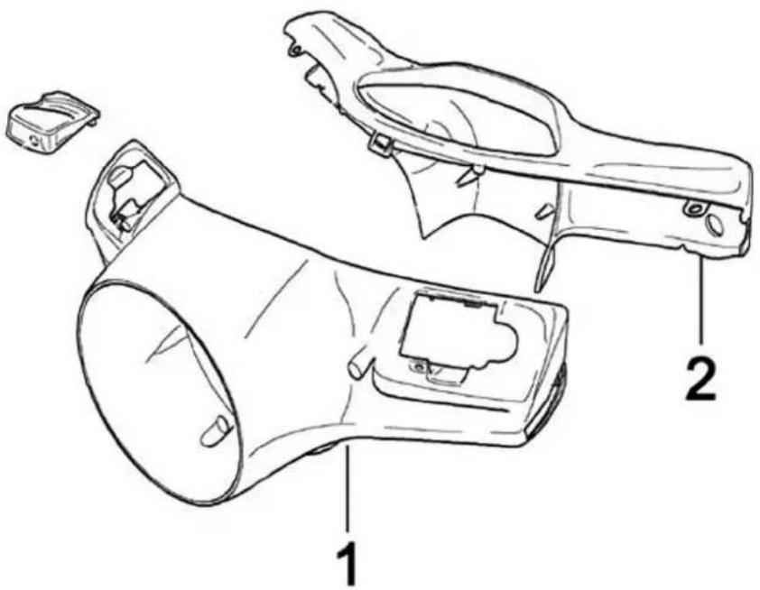 Technical diagram of a device with labeled parts, showing exploded and assembled views