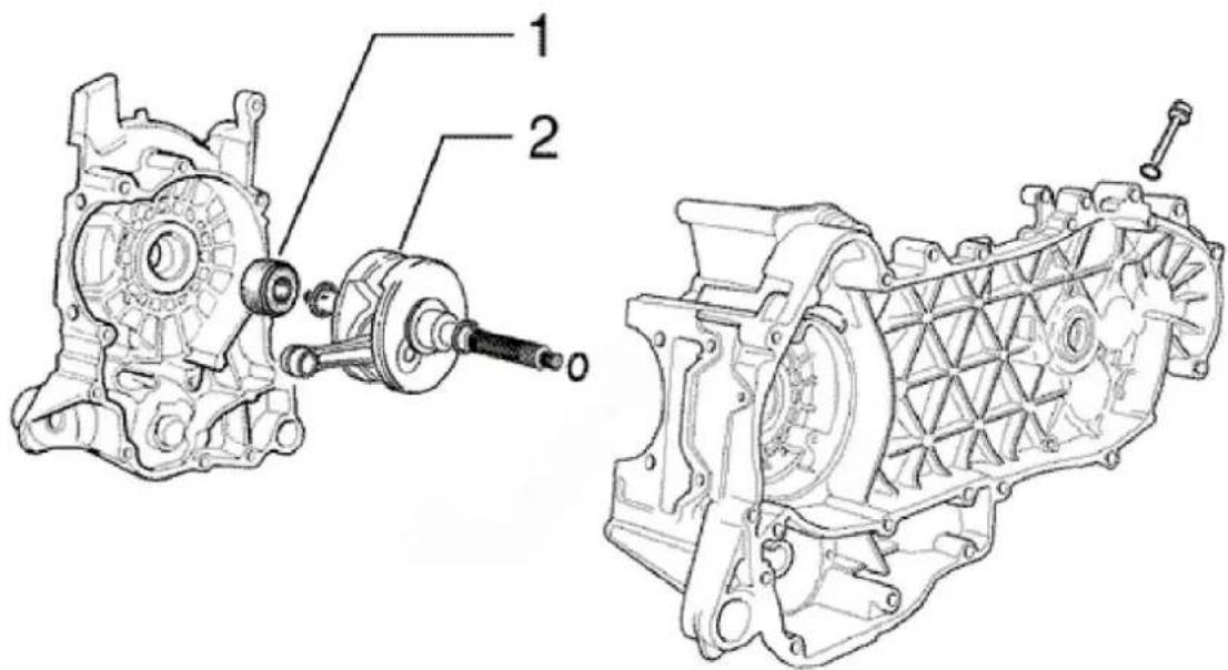 Technical diagram of a mechanical assembly with labeled parts 1 and 2, showing internal components and assembly details.