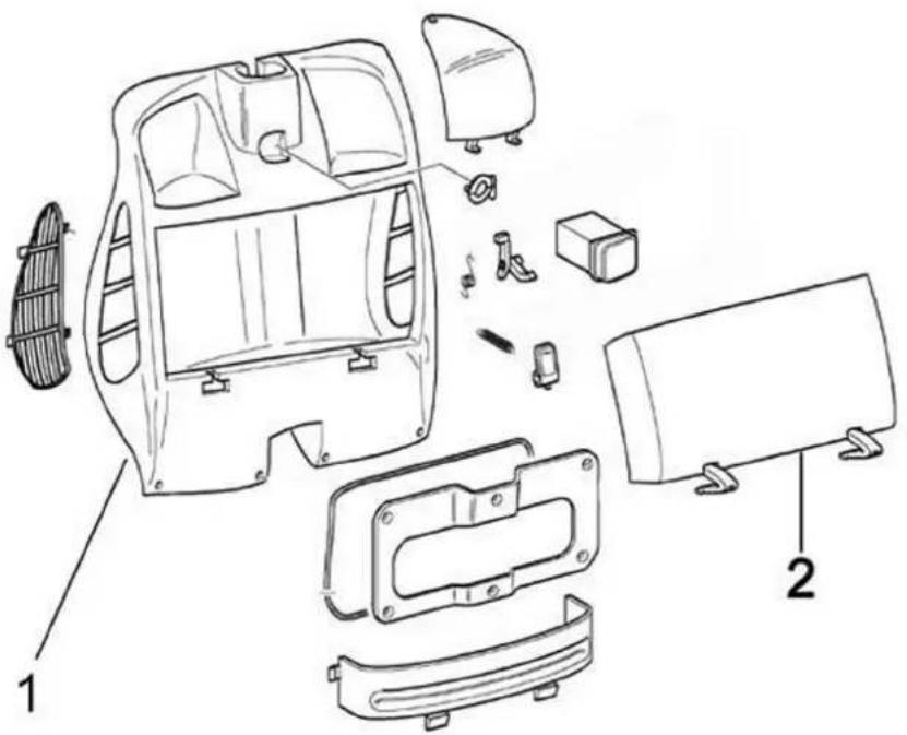 Technical diagram of a car interior with labeled parts, showing exploded and assembled views