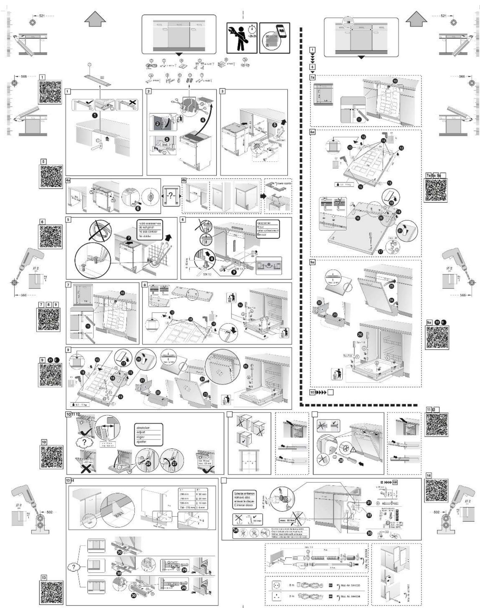 Technical diagram illustrating 14 different industrial automation or cleaning process stages with labeled components and precise measurements.