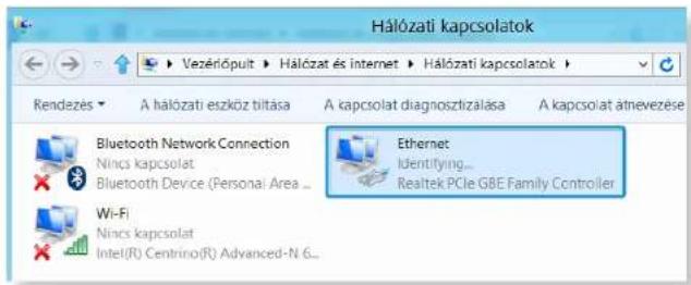 Hálózati kapcsolatok Rendezés ▼ A hálózati eszköz tiltása A kapcsolat diagnosztizálása A kapcsolat átnevezése Bluetooth Network Connection Nincs kapcsolat Bluetooth Device (Personal Area ... Wi-Fi Nincs kapcsolat Intel(R) Centro(R) Advanced-N 6... Ethernet Identifying... Realtek PCIe G&E Family Controller