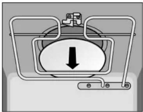 Diagram of a mechanical device with a downward arrow indicating force or direction (no text or symbols present)