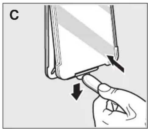 Illustration of a finger pressing down on a device component (no text or symbols visible)