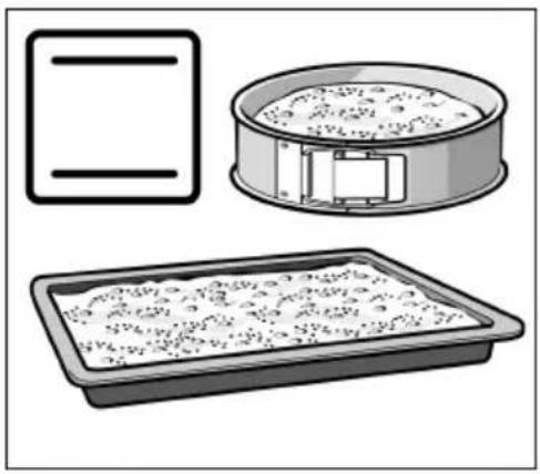 Illustration of three food items: a rectangular plate, a cylindrical container filled with granular material, and a tray with contents (no text or symbols)