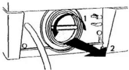 Technical diagram showing a mechanical assembly with labeled parts 1 and 2, and directional arrows indicating motion or movement.