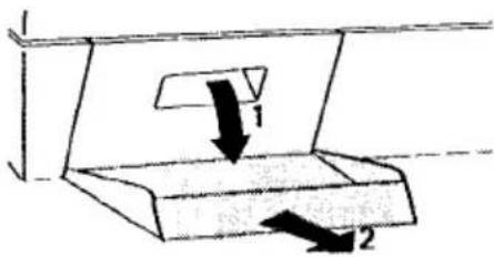Diagram showing a mechanical or structural component with labeled parts 1 and 2, indicating directional movement or force.