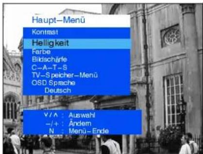Főmenü Kontraszt Fényerő Szín Élesség C—A—T—S TV—tároló menü OSD nyelv Magyar V/A : Választás -/+ : Módosítás N : Menü—vége