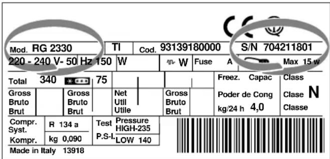 Mod. RG 2330 TI Cod. 93139180000 S/N 704211801 220 - 240 V- 50 Hz 150 W W Zekering A Max 15 w Totaal 340 75 Bruto Bruto Bruto Bruto Bruto Comp. R 134 a Testdruk Syst. P.S-I HOOG-235 Kompr. kg 0,090 LAAG 140 Gemaakt in Italië 13918 Vriescapaciteit Klasse Vriescapaciteit Vriescapaciteit kg/24 u 4,0 Kl…