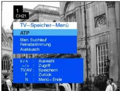 1 CH21 TV-Speicher-Menü ATP Man. Suchlauf Feinabstimmung Austausch V/A : Auswahl -/+ : Zugriff TV/AV : Speichern F : Zunück N : Menü-Ende