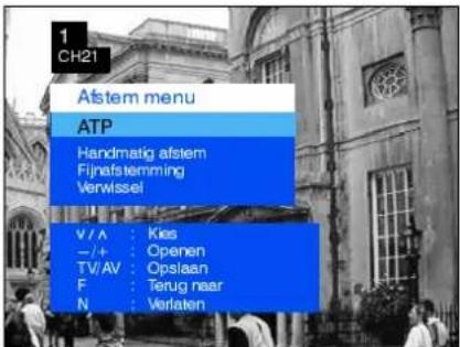 1 CH21 Afstem menu ATP Handmatig afstem Fijnafstemming Verwissel V/Λ : Kies -/+ : Openen TV/AV : Opslaan F : Terug naar N : Verlaten