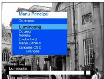 Menu Principal Contraste Luminosité Couleur Netteté C-A-T-S Menu Canaux Langues OS D Français Luminosité