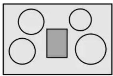 Egyszerű geometrikus ábra, öt körrel és egy árnyékolt négyzettel (szöveg vagy szimbólumok nélkül)