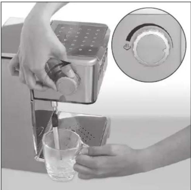 Person using a water dispenser to drink in a glass, with an inset showing the circular dial (no text or symbols visible)