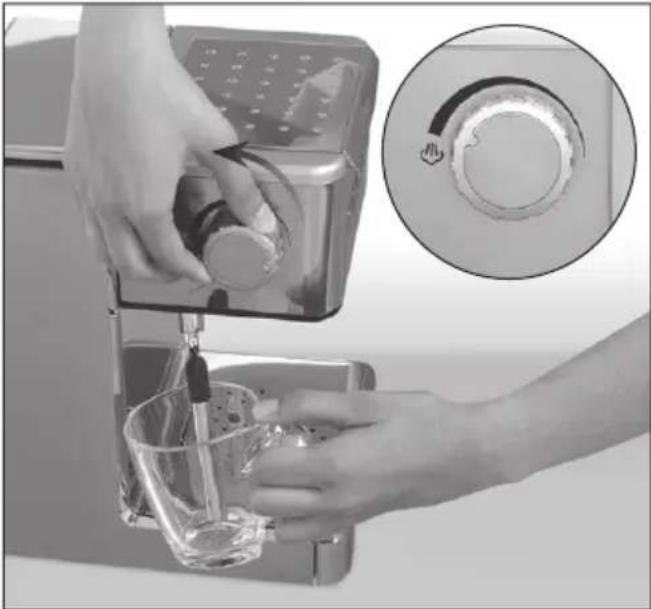Person using a water dispenser to clean a glass in a kitchen appliance, with an inset showing the circular dial (no text or symbols visible)