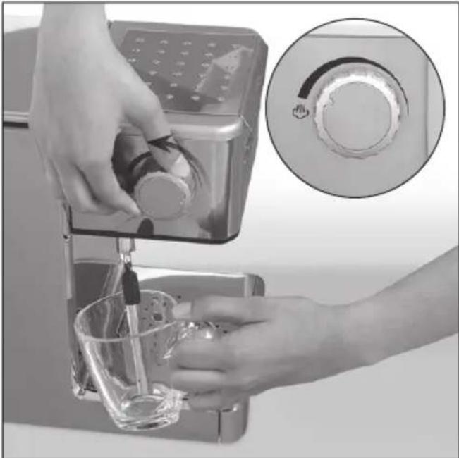 Person using a digital water heater with a hand pouring liquid into a glass bowl, accompanied by an inset close-up of the lid (no text or symbols visible)
