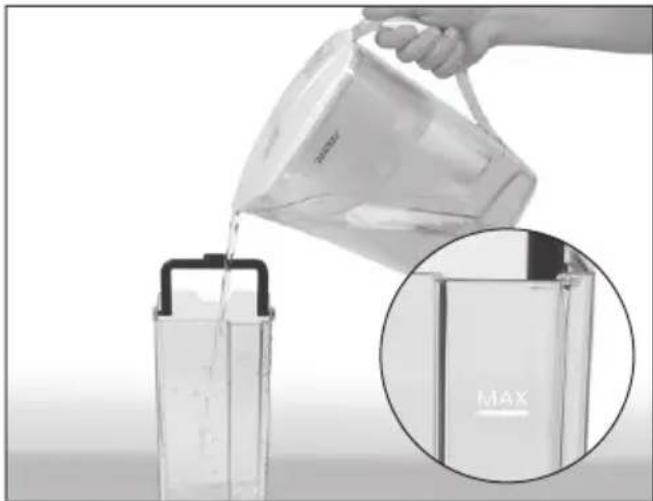 Hand pouring liquid from a plastic container into a clear glass container, with an inset magnified view showing the same container (no text or symbols visible)