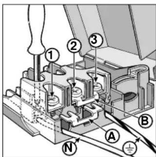 Technical diagram of a mechanical assembly with numbered components and labeled parts A, B, N