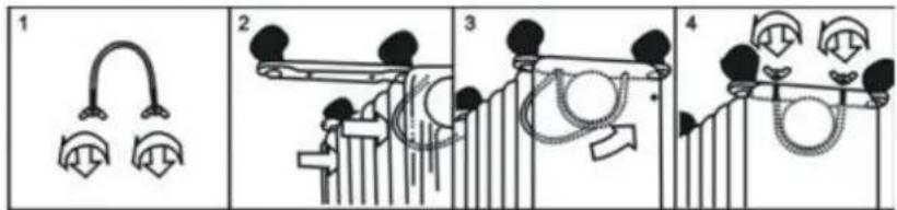 Diagram illustrating four stages of hairpin insertion, showing progressive positioning and head positioning with labeled parts.