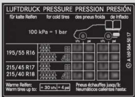 LUFTDRUCK PRESSURE PRESSION PRESIÓN für kalte Reifen for cold tires des pneus froids de Inflado 100 kPa = 1 bar 195/55 R16 215/45 R17 215/40 R18 A 169 584 50 17 Warme Reifen: +30 kPa +4 pa) Pneus échauffes jusqu'à: Warm tires up to: Neumáticos calientes hasta;