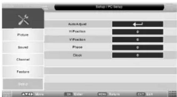 Setup PC Setup AutoAdjust H Position 0 V Position 0 Phase 0 Clock 0 Picture Sound Channel Feature Setup Move Or Enter VCM Return Cat End