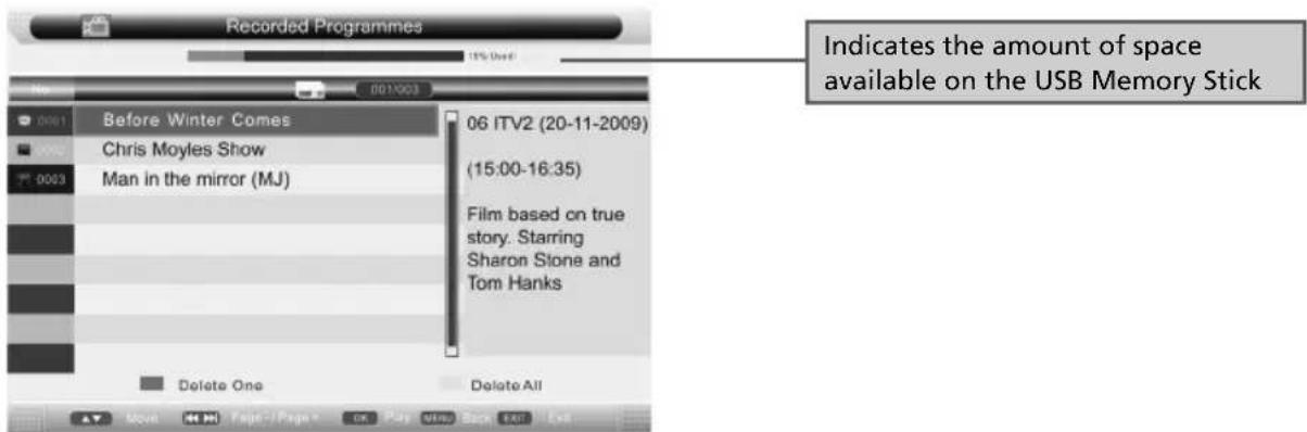 Recorded Programmes Indicates the amount of space available on the USB Memory Stick Before Winter Comes Chris Moyles Show Man in the mirror (MJ) 06 ITV2 (20-11-2009) (15:00-16:35) Film based on true story. Starring Sharon Stone and Tom Hanks Delete One Delete All