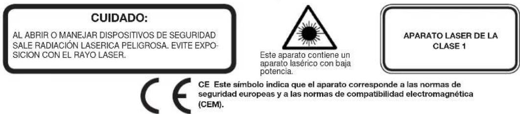 CUIDADO: AL ABRIR O MANEJAR DISPOSITIVOS DE SEGURIDAD SALE RADIACIÓN LASERICA PELIGROSA. EVITE EXPOSICIÓN CON EL RAYO LASER. Este aparato contiene un aparato lasérico con baja potencia. APARATO LASER DE LA CLASE 1 CE Este símbolo indica que el aparato corresponde a las normas de seguridad europeas y a las normas de compatibilidad electromagnética (CEM).