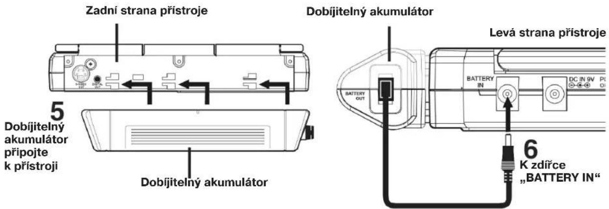 Zadní strana přístroje Dobíjitelný akumulátor 5 Dobíjitelný akumulátor připojte k přístroji Dobíjitelný akumulátor Levá strana přístroje BATTERY OUT DC IN 9V P1 BATTERY IN 6 K zdířce „BATTERY IN“