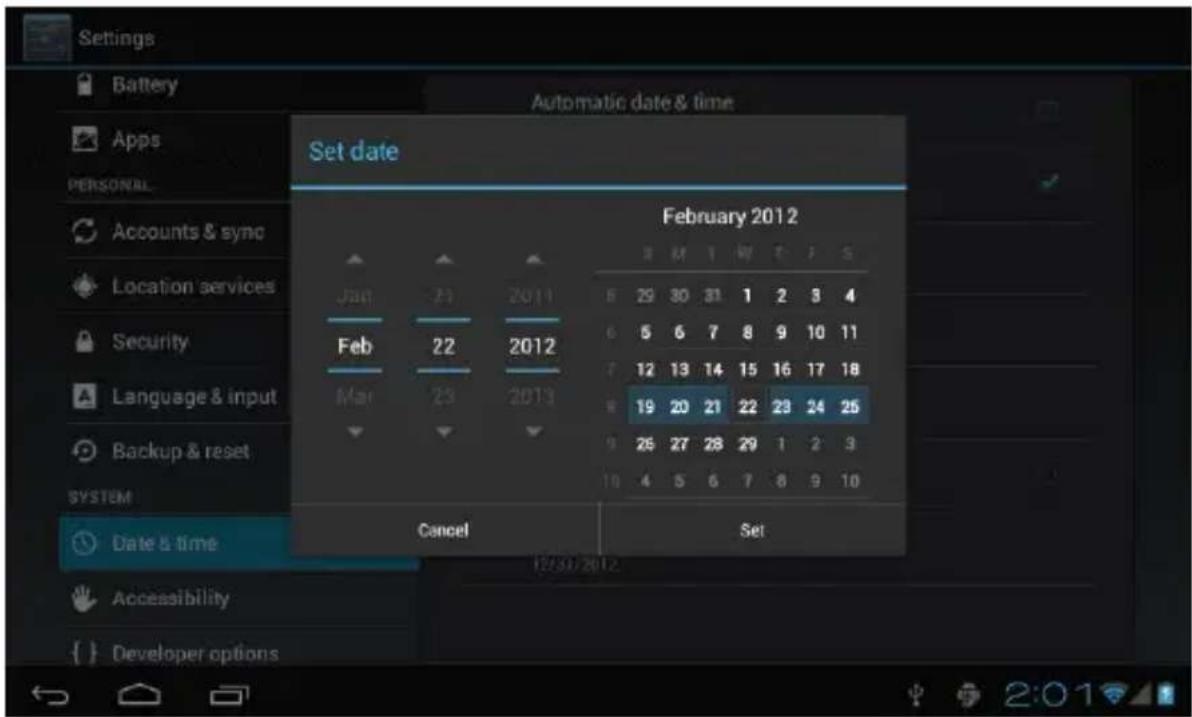 Settings Battery Automatic date & time Apps PERSONAL Accounts & sync Location services Security Language & input Backup & reset SYSTEM Date & time Accessibility Developer options Set date February 2012 Jan 21 2011 8 29 30 31 1 2 3 4 Feb 22 2012 6 5 6 7 8 9 10 11 Mar 23 2013 7 12 13 14 15 16 17 18 8…