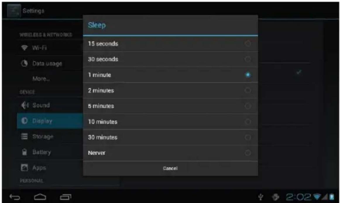 Settings Wireless & NETWORKS Wi-Fi Data usage More... DEVICE Sound Display Storage Battery Apps PERSONAL Sleep 15 seconds 30 seconds 1 minute 2 minutes 5 minutes 10 minutes 30 minutes Nerver Cancel